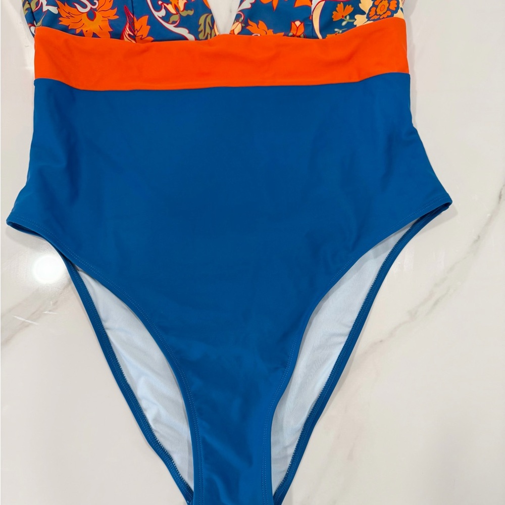Floral Color Block One Piece Deep V Medium Spring Break Padded Bathing Swimsuit - Picture 7 of 8